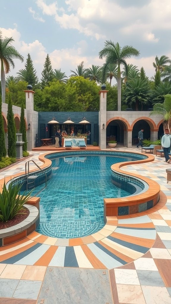 A stylish pool with unique shape and designs surrounded by greenery and a cozy backyard.