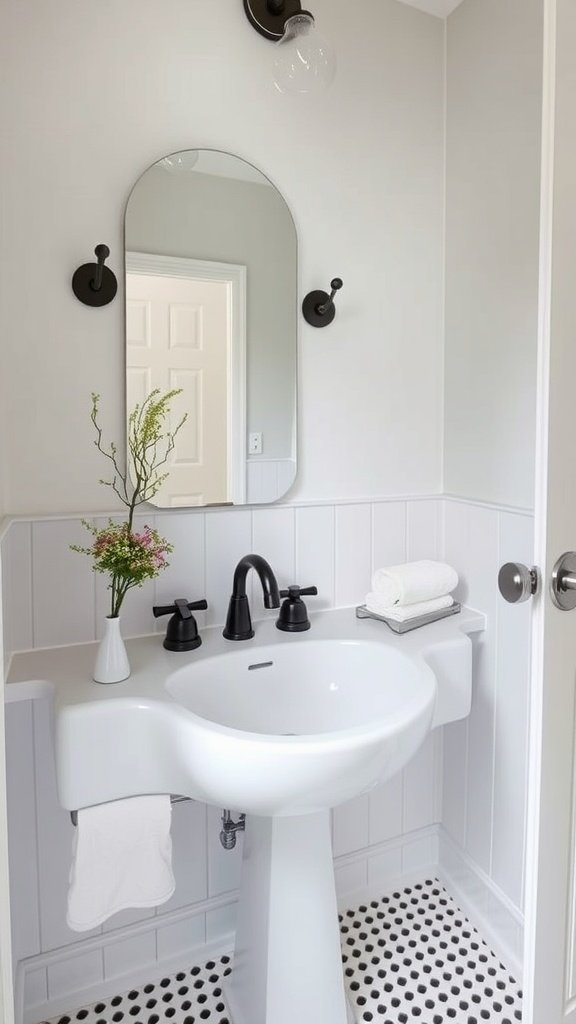 Modern half bathroom featuring a unique sink design with a stylish mirror and decorative plants.
