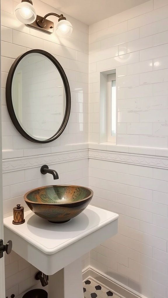 A stylish half bathroom featuring a vibrant bowl sink and modern decor.