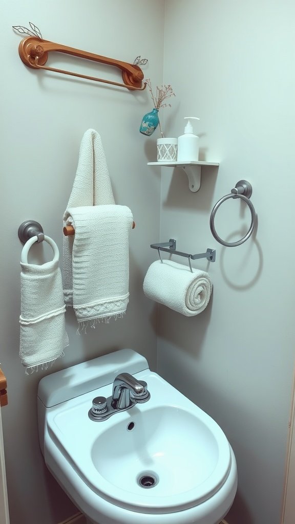 A small half bathroom featuring unique towel racks and holders.