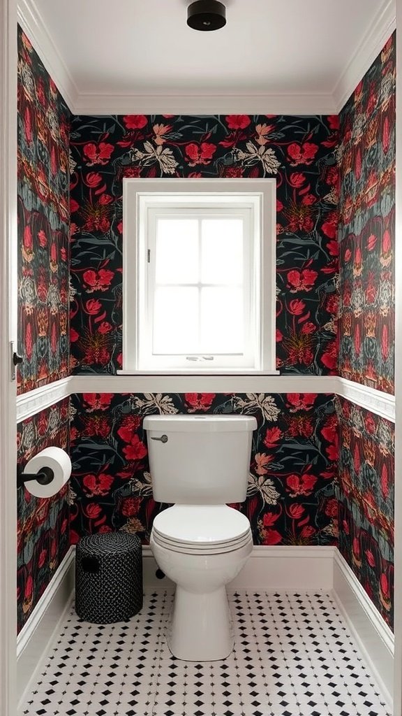 A small bathroom with vibrant floral wallpaper, a white toilet, and patterned floor tiles.