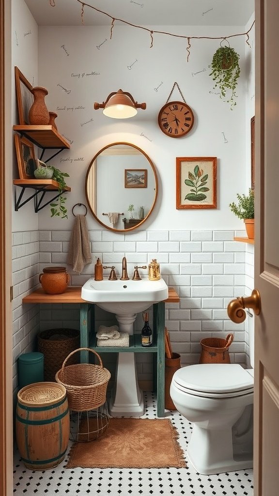 A cozy half bathroom featuring upcycled furniture and decor, showcasing a rustic style.