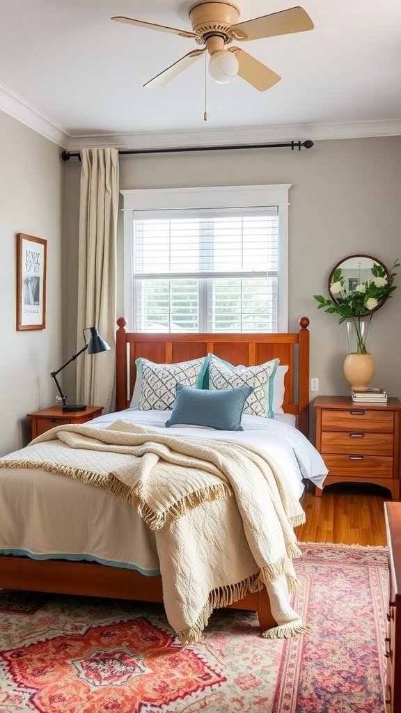 Stylish bedroom with a new bed and elegant decor.