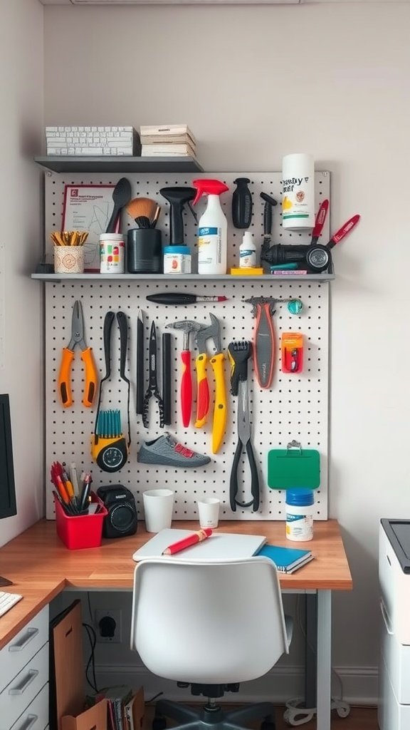 Pegboard with various tools and office supplies organized in a small home office.