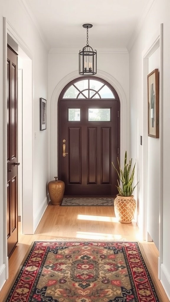 A stylish entryway featuring a patterned area rug, a dark wooden door, and decorative plants.