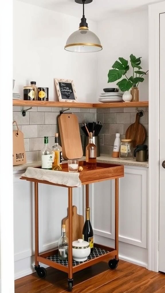 A stylish bar cart in a tiny kitchen setting, showcasing drinks and decor.