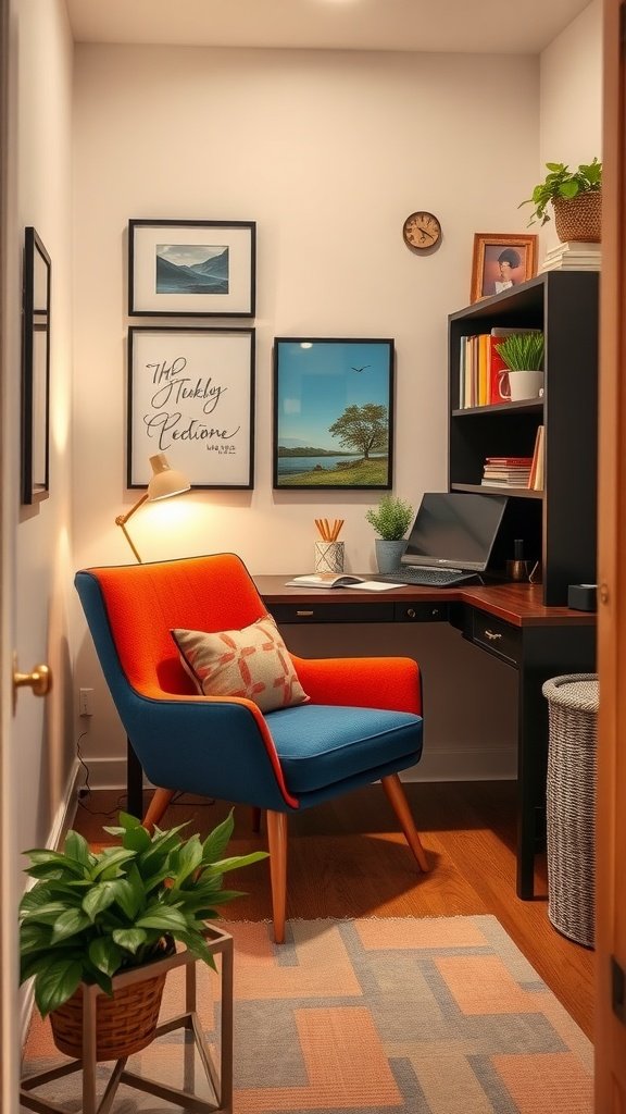 A cozy home office setup featuring a colorful chair and modern decor.
