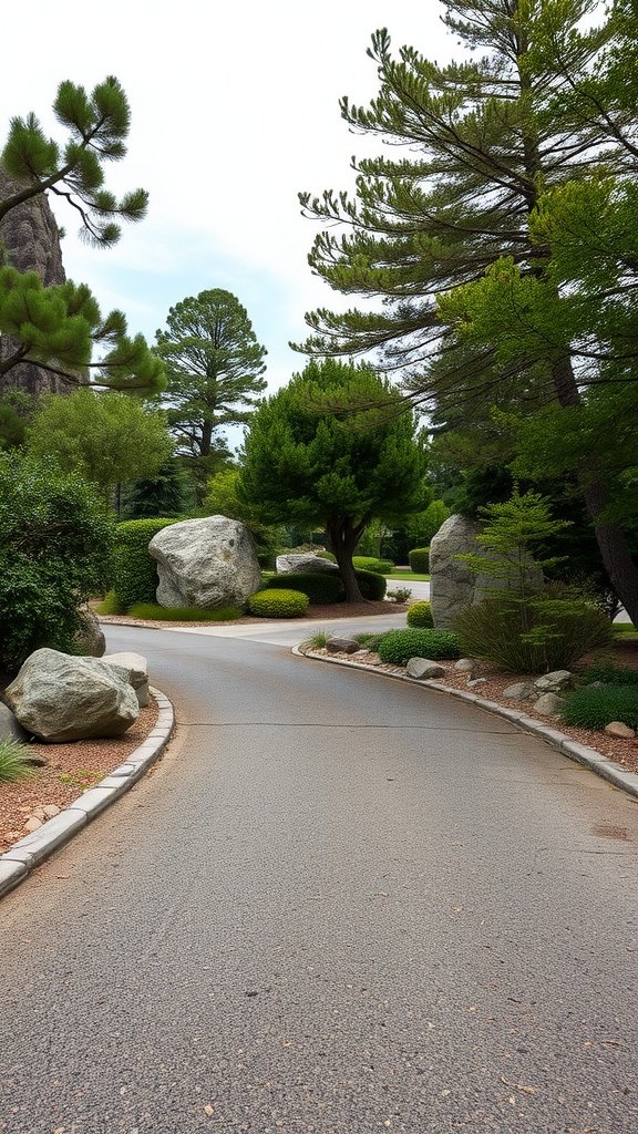 A winding driveway lined with large boulders and greenery
