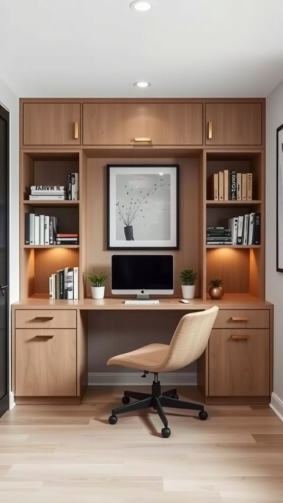 A stylish small home office with built-in wooden furniture, a computer desk, and decorative items.