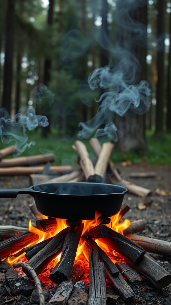 A cast iron pan over an open campfire, surrounded by logs.