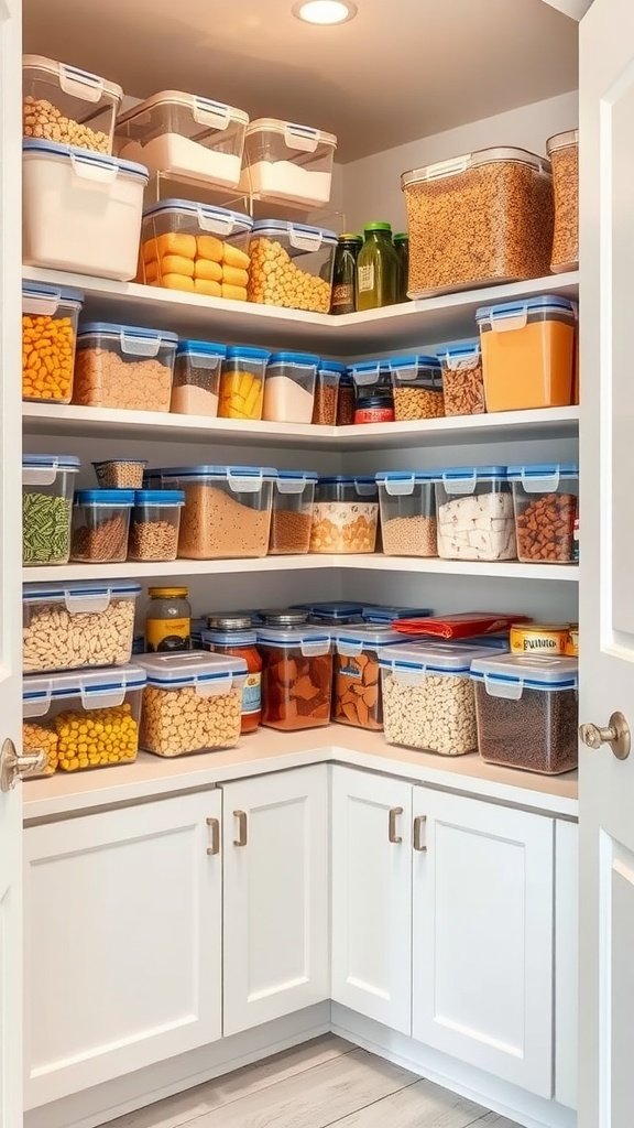 A neatly organized pantry with clear containers filled with various snacks, grains, and spices on shelves.