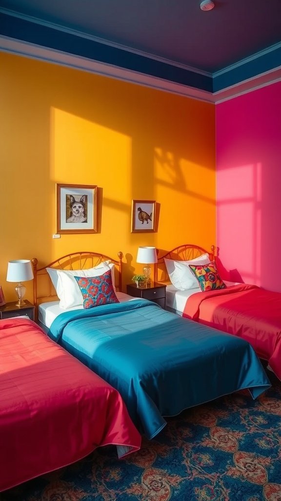 Two beds with colorful bedding in a vibrant bedroom.