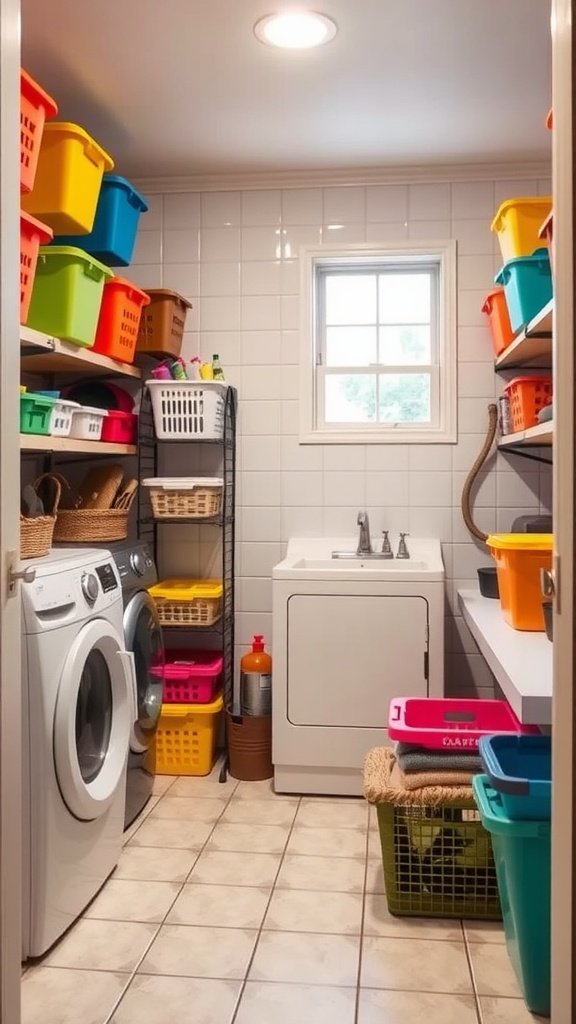 A laundry room featuring colorful storage bins, a washer, and a dryer.
