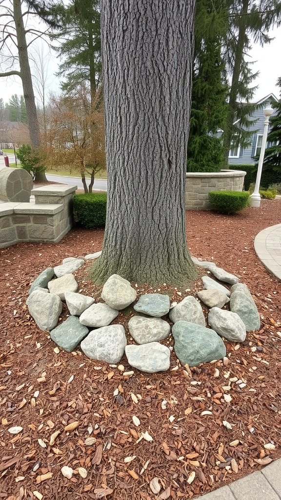 A tree surrounded by decorative stone and mulch landscaping.