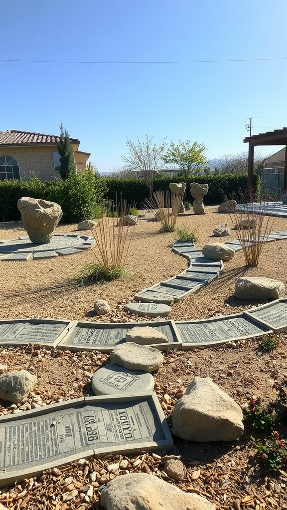 A dry garden featuring decorative stones, rocks, and minimal plant life.