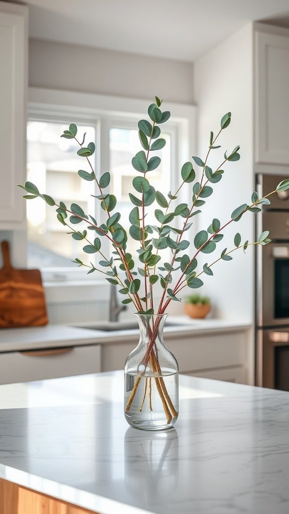 A stylish vase with eucalyptus branches on a kitchen countertop
