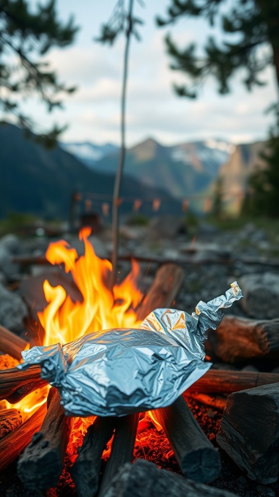 A foil pack cooking over a campfire with mountains in the background.