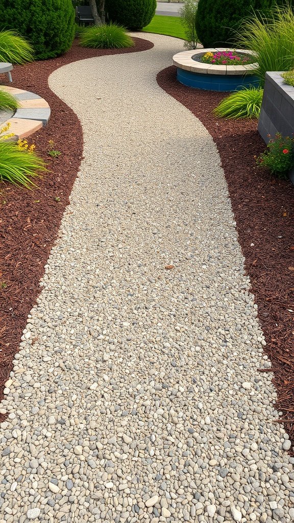A winding path made of gravel with mulch borders in a dry garden setting.