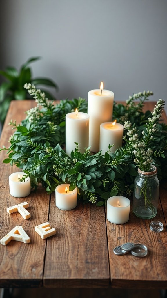 Candle display surrounded by winter greenery on a wooden table