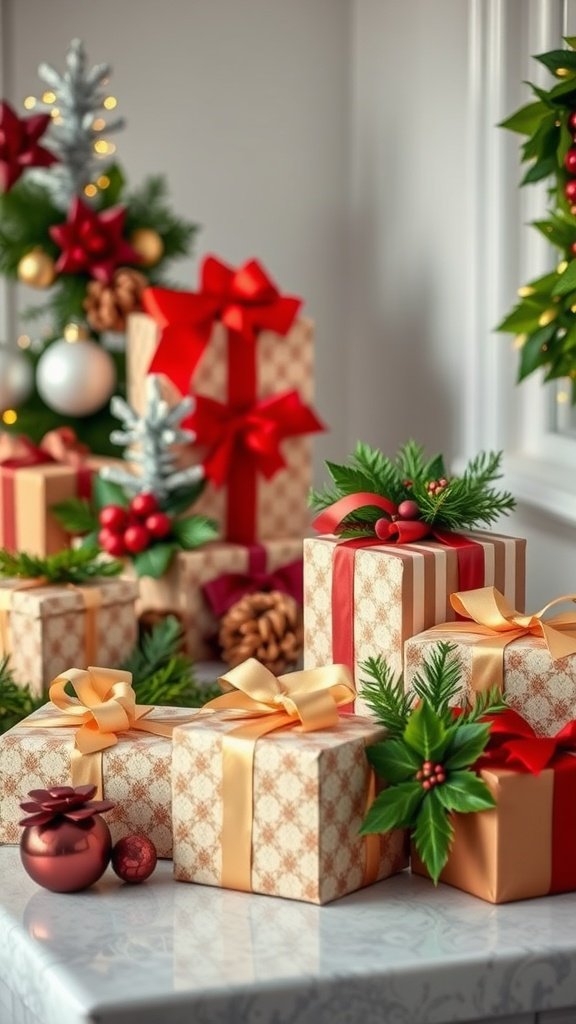 A festive display of beautifully wrapped holiday gifts surrounded by winter greenery, including peppermint plants and decorative ornaments.