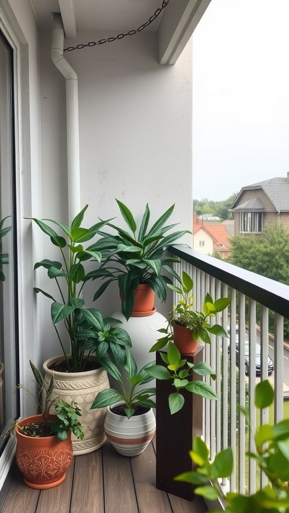 A balcony garden with various indoor plants in decorative pots.