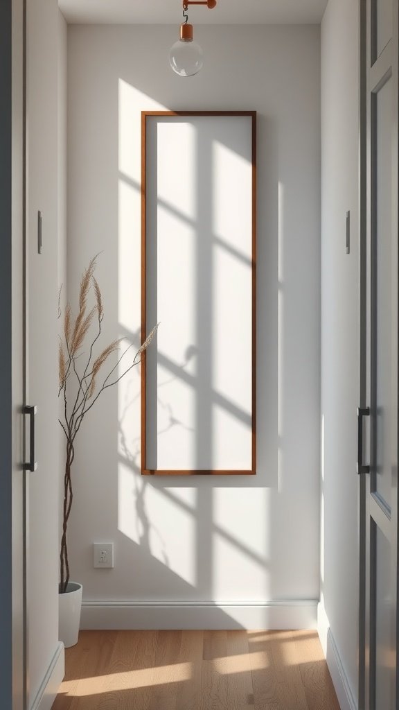 Bright and airy small entryway with a mirror and minimalist decor