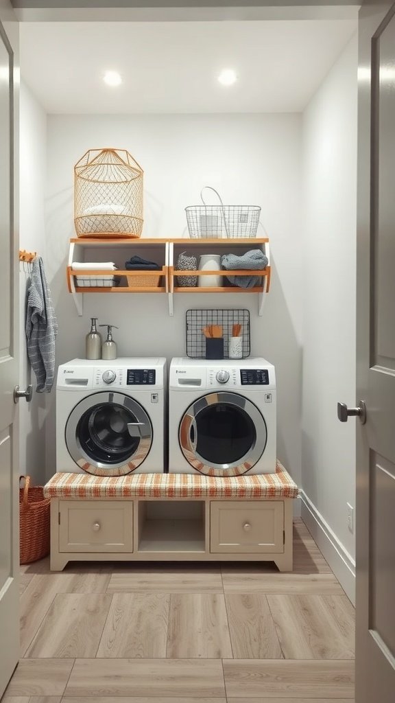 Small laundry room featuring multi-functional furniture with a bench and storage.