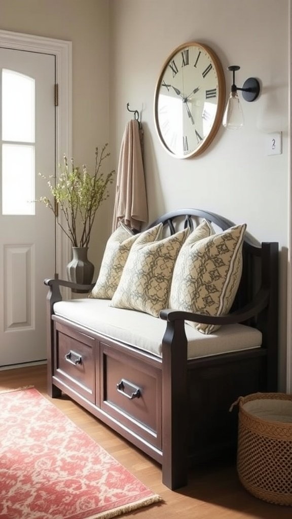 Small entryway with a storage bench, decorative pillows, and a plant.