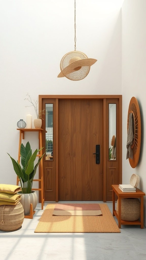 A cozy entryway featuring natural materials like wood, plants, and textured decor.