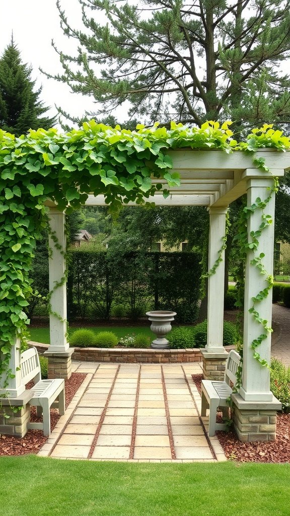 A beautiful pergola draped with lush green vines, providing shade and structure, surrounded by a well-maintained garden.