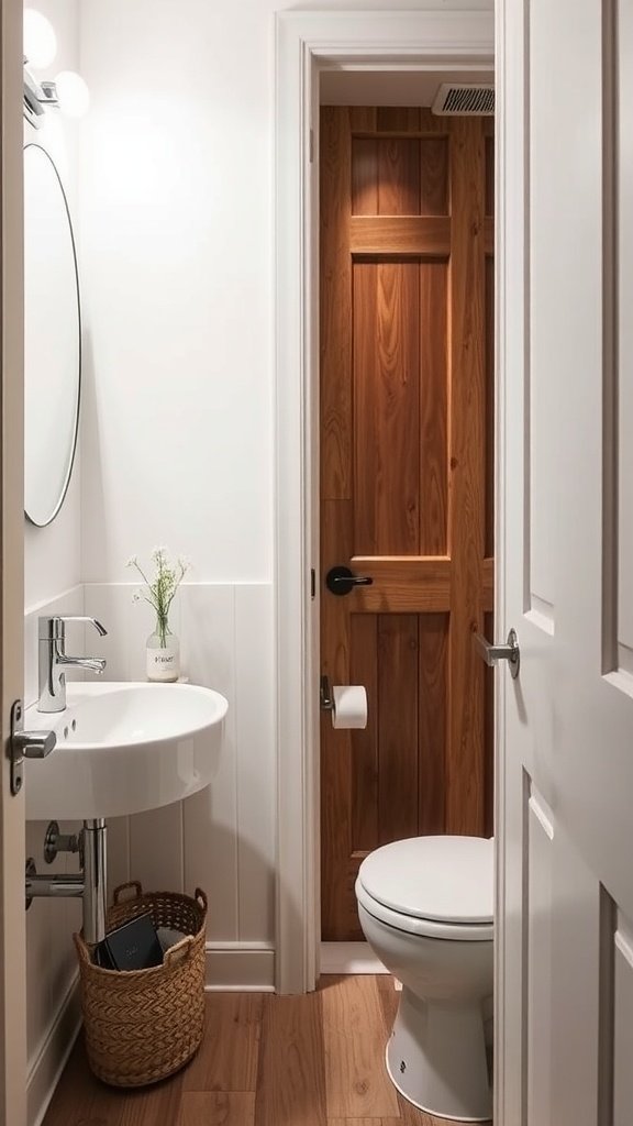 A small half bathroom featuring a sliding pocket door