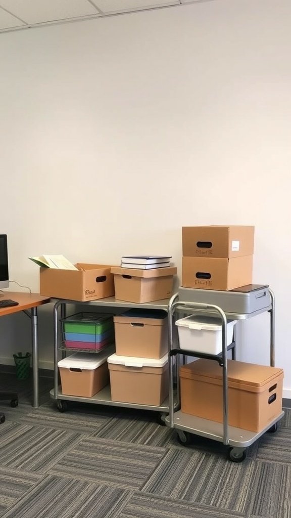 A small office space featuring portable storage solutions including rolling bins and organized shelving.