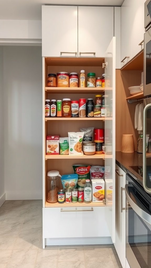 A modern pull-out pantry filled with various food items.