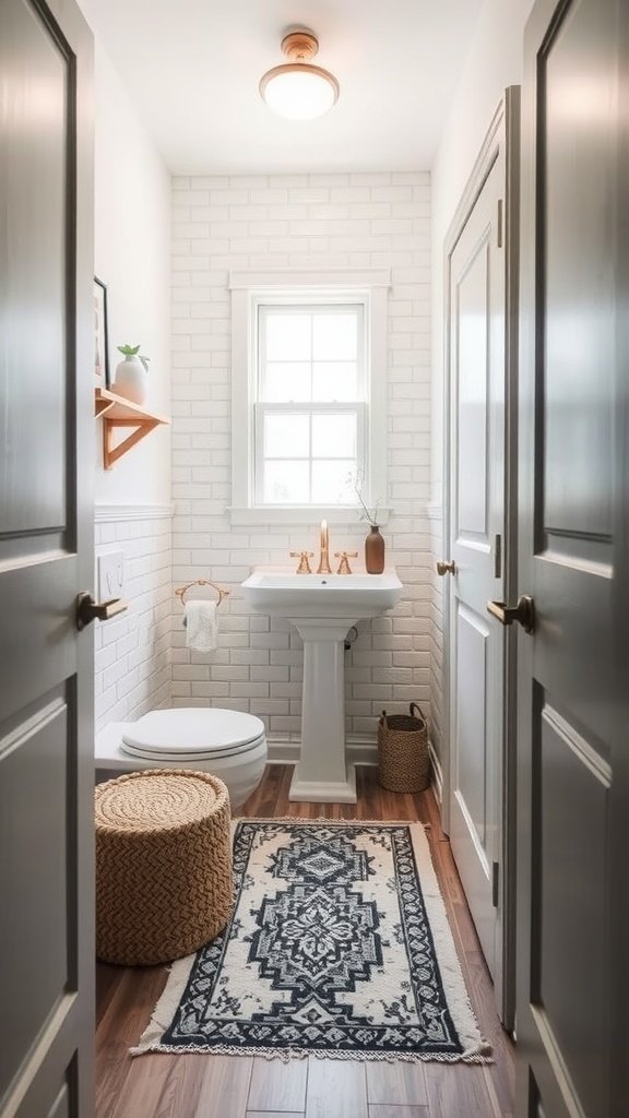 Cozy half bathroom featuring a soft rug