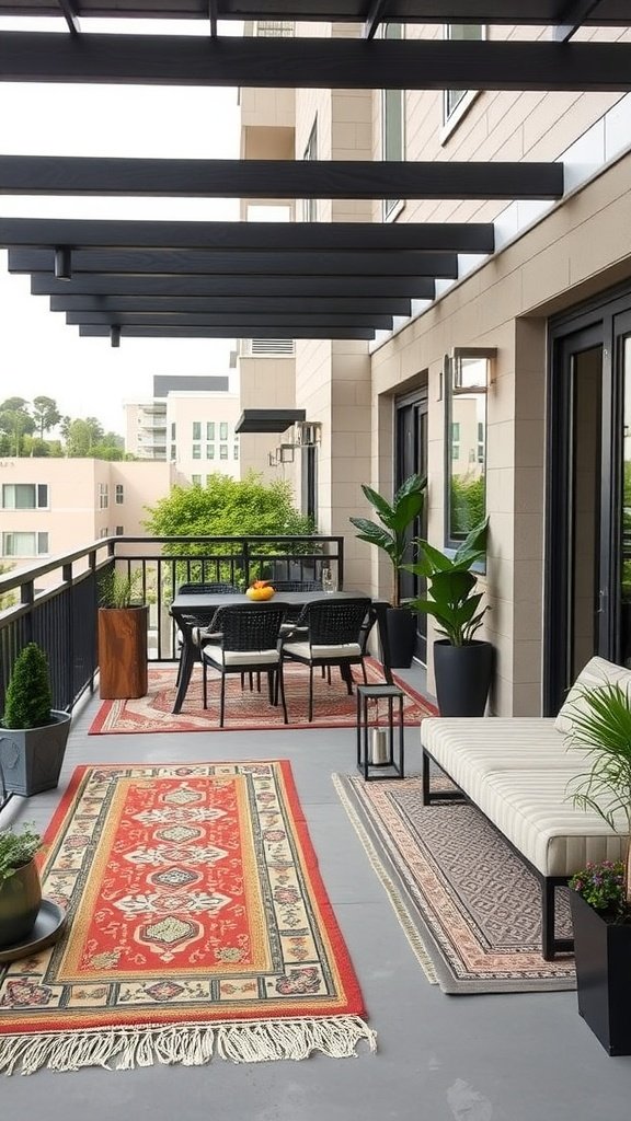 A stylish balcony with rugs defining different seating areas, featuring plants and modern furniture.