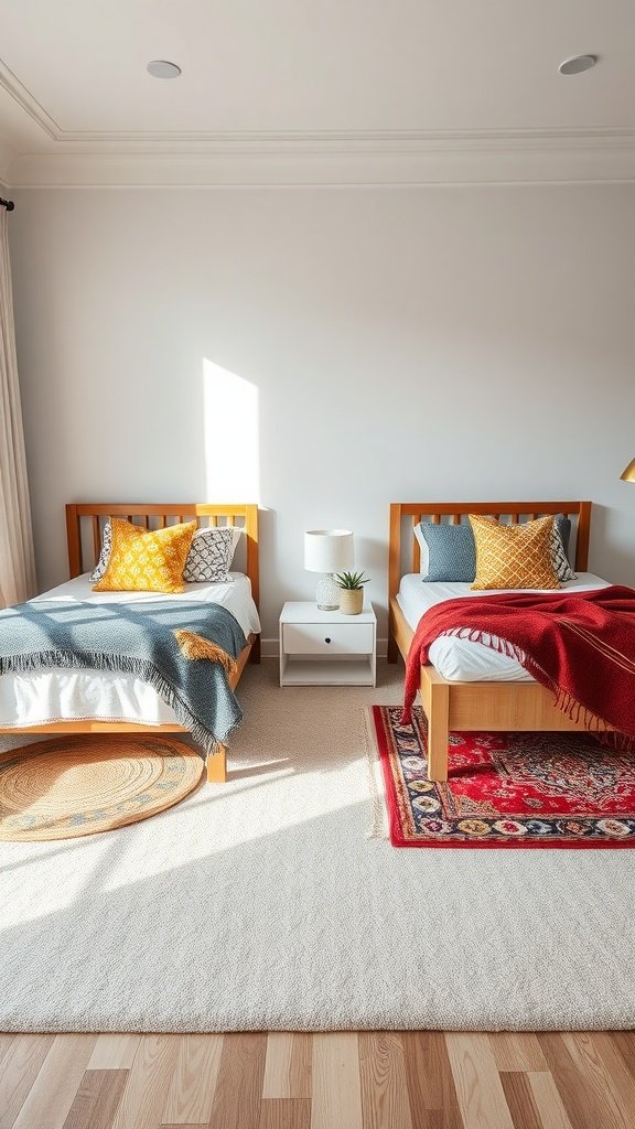 A cozy bedroom featuring two beds, decorated with colorful blankets and rugs.