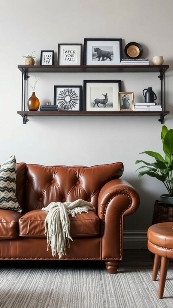 A brown leather couch in a living room with stylish shelving above it.