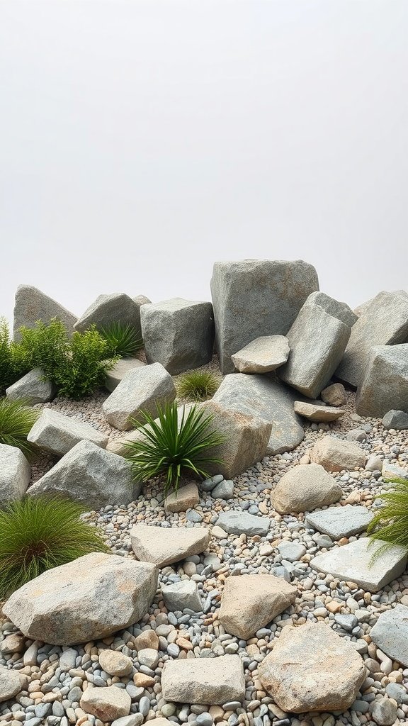 A modern garden featuring large stones and gravel with green plants.