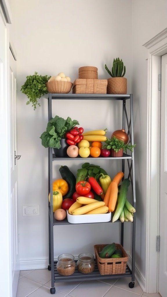 A tiered stand filled with colorful fruits and vegetables in a modern kitchen.