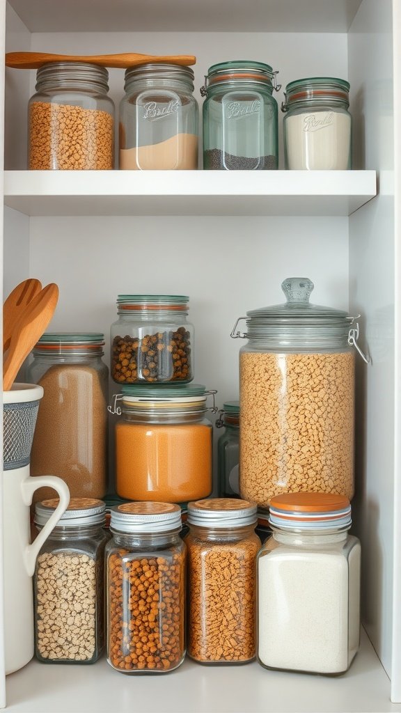 A neatly organized kitchen shelf with various transparent storage jars filled with ingredients.