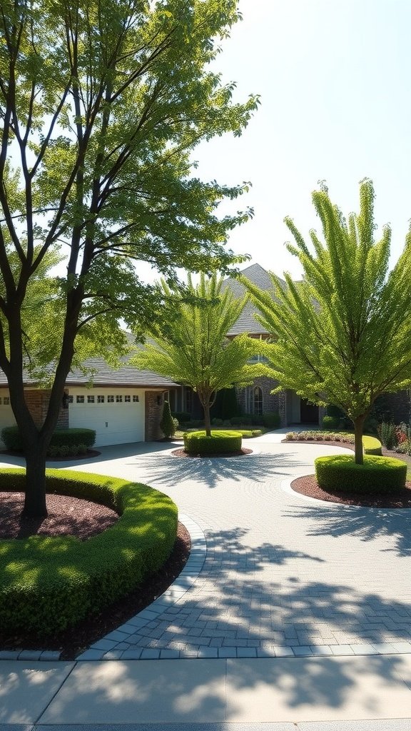 A beautifully landscaped driveway lined with trees providing shade.