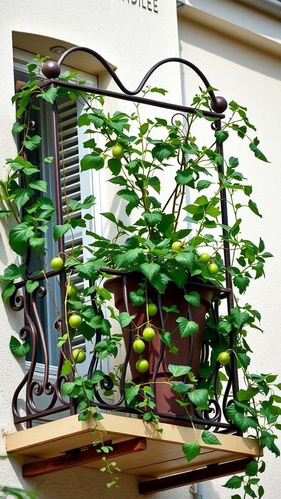 A balcony with a trellis supporting climbing plants and green fruit.