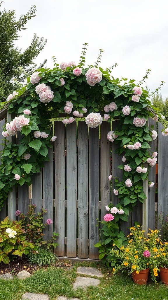 A beautiful garden arch covered with climbing roses and lush greenery.