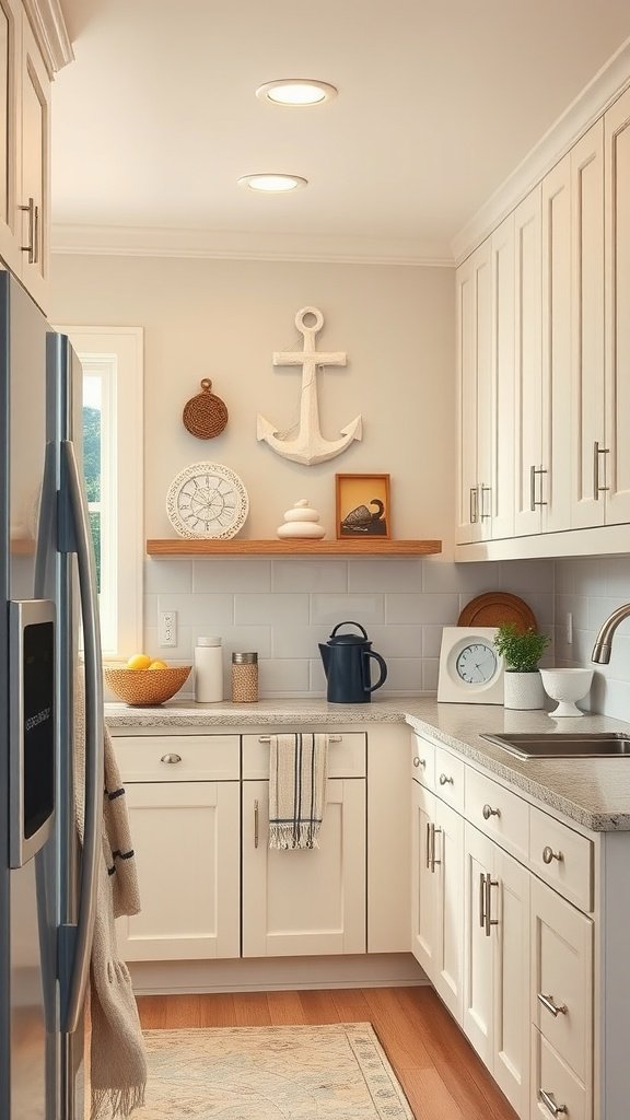 A cozy kitchen featuring tan lower cabinets and white upper cabinets, with beach-inspired decor.