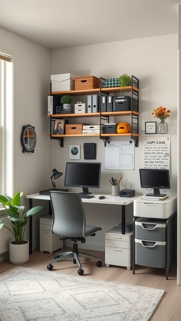 Small home office with vertical shelving and organized workspace.