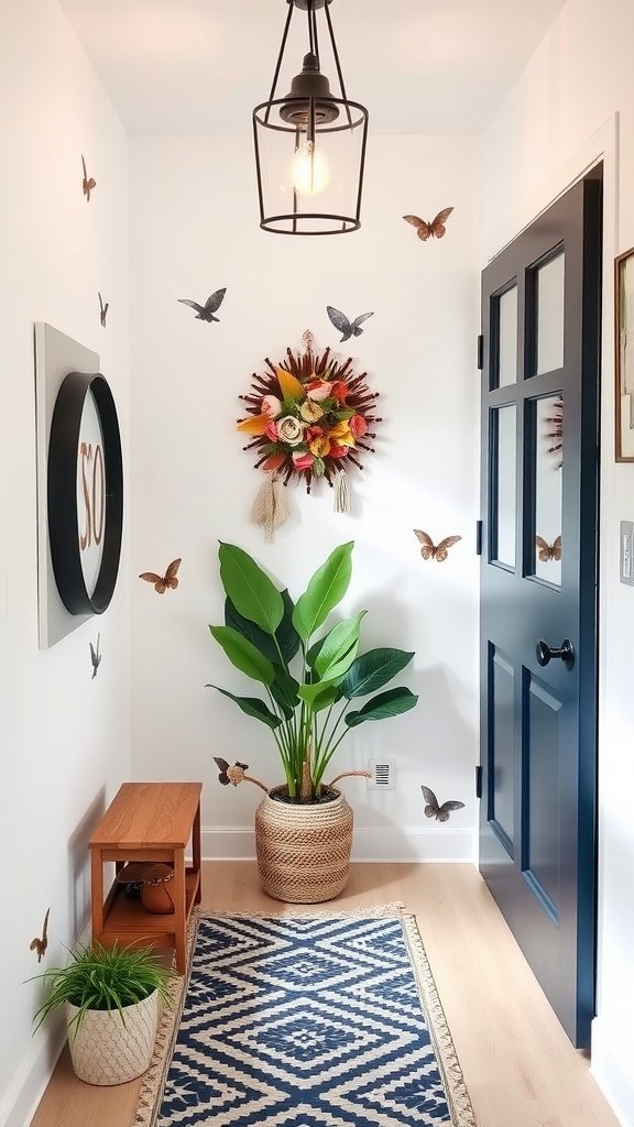 A small entryway featuring a white door with a playful wall decal saying 'Watch Wine.' Stars are scattered around the door, adding a whimsical touch.