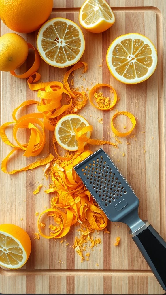 A wooden cutting board with oranges and lemons, showcasing their zest and peels.