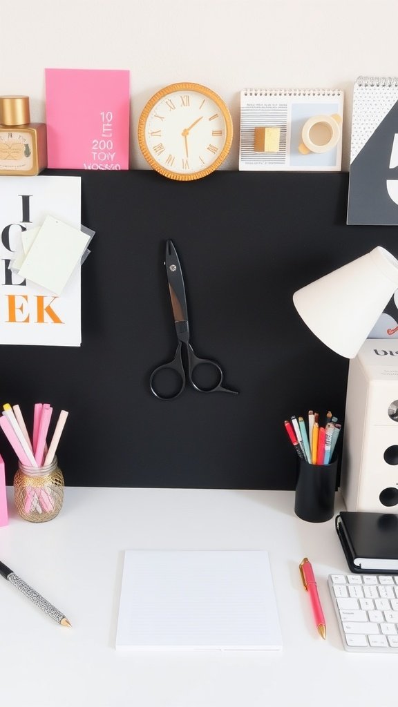 Aesthetic home office setup with stylish desk supplies, including a lamp, colorful pens, and a clock.