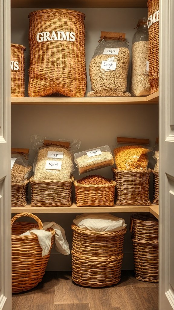 Organized pantry with wicker baskets storing bulk items.