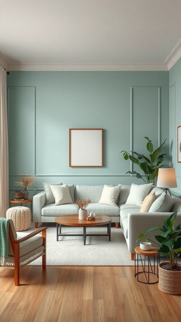 A cozy living room featuring light blue walls, a comfortable couch, and plants.